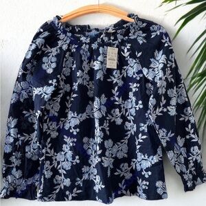 J. Crew Women's Navy Blue Multi 100% Cotton Tie-Back Ruffle Neck Blouse Top XXS